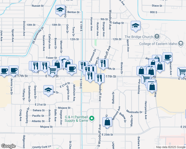 map of restaurants, bars, coffee shops, grocery stores, and more near 1600 East 17th Street in Idaho Falls