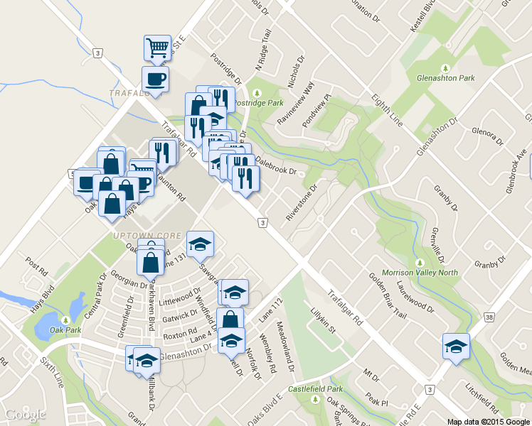 map of restaurants, bars, coffee shops, grocery stores, and more near 340 Kittridge Road in Oakville