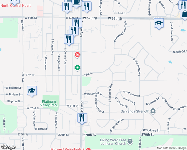 map of restaurants, bars, coffee shops, grocery stores, and more near 3198 W Miramar Cir in Sioux Falls