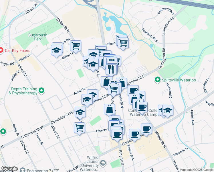 map of restaurants, bars, coffee shops, grocery stores, and more near in Waterloo