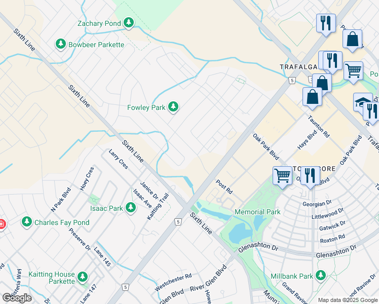 map of restaurants, bars, coffee shops, grocery stores, and more near 3032 Post Road in Oakville