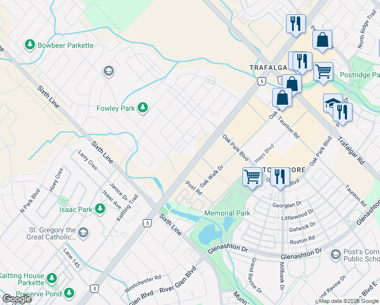 map of restaurants, bars, coffee shops, grocery stores, and more near 102 Grovewood Common in Oakville
