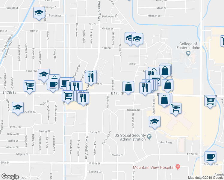 map of restaurants, bars, coffee shops, grocery stores, and more near 1656 Riviera Drive in Idaho Falls