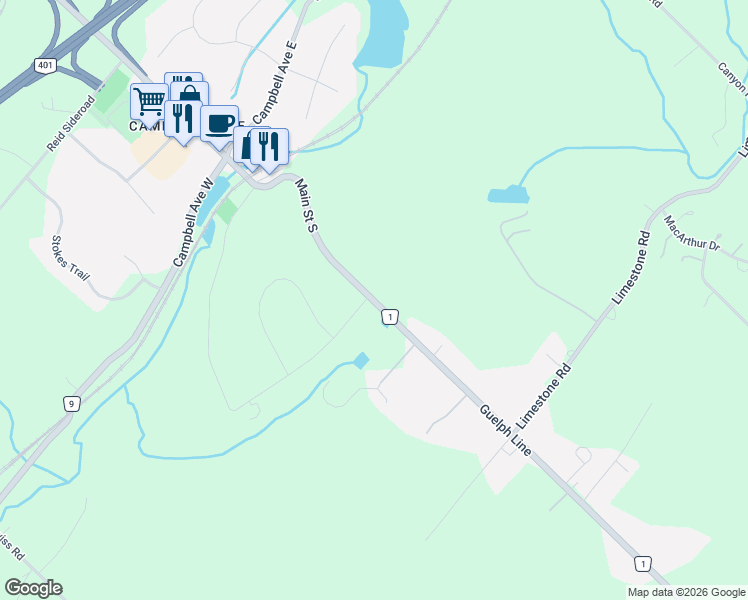 map of restaurants, bars, coffee shops, grocery stores, and more near 11179 Guelph Line in Milton