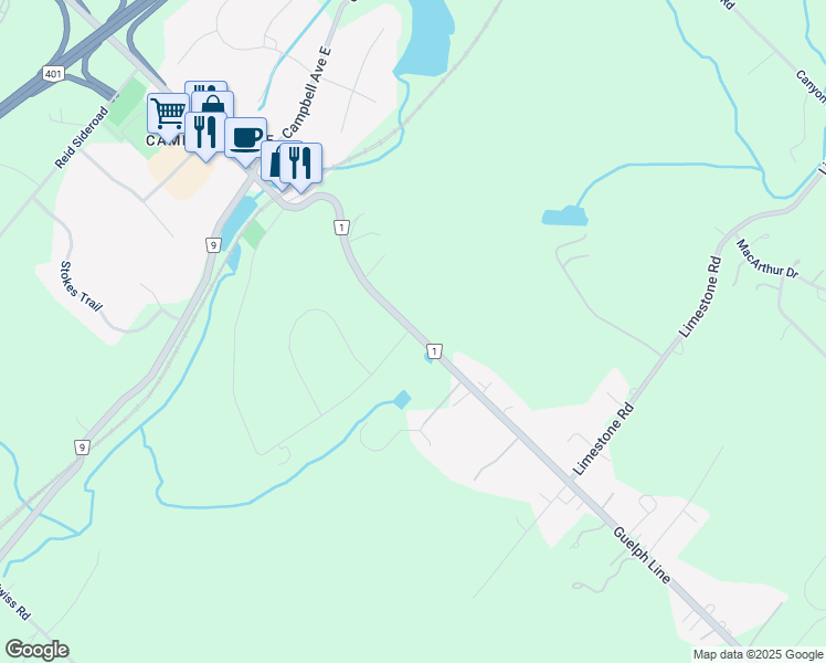 map of restaurants, bars, coffee shops, grocery stores, and more near 8576 Guelph Line in Milton