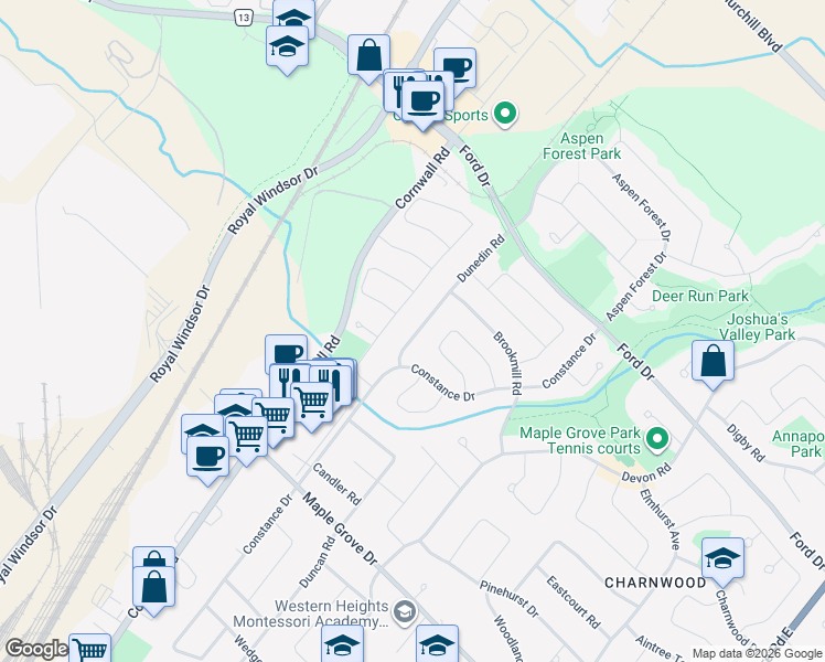 map of restaurants, bars, coffee shops, grocery stores, and more near 2205 Dunedin Road in Oakville