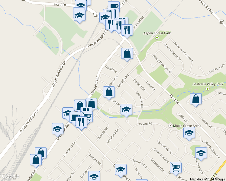 map of restaurants, bars, coffee shops, grocery stores, and more near 2165 Dunedin Road in Oakville