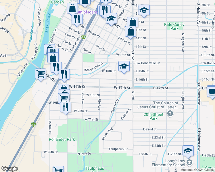 map of restaurants, bars, coffee shops, grocery stores, and more near 259 West 16th Street in Idaho Falls