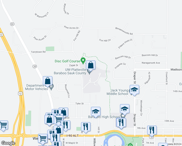 map of restaurants, bars, coffee shops, grocery stores, and more near 1006 Connie Road in Baraboo