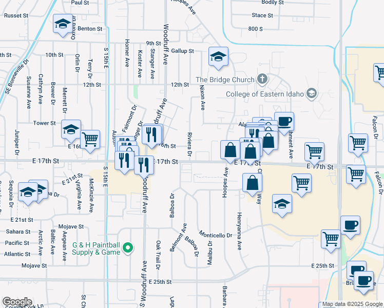 map of restaurants, bars, coffee shops, grocery stores, and more near 1665 Riviera Drive in Idaho Falls