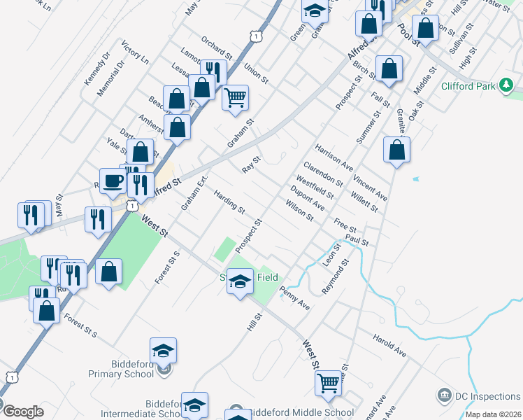 map of restaurants, bars, coffee shops, grocery stores, and more near 27 Herring Avenue Extension in Biddeford