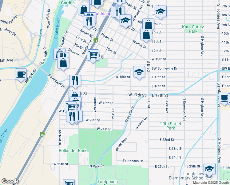 map of restaurants, bars, coffee shops, grocery stores, and more near 298 West 17th Street in Idaho Falls