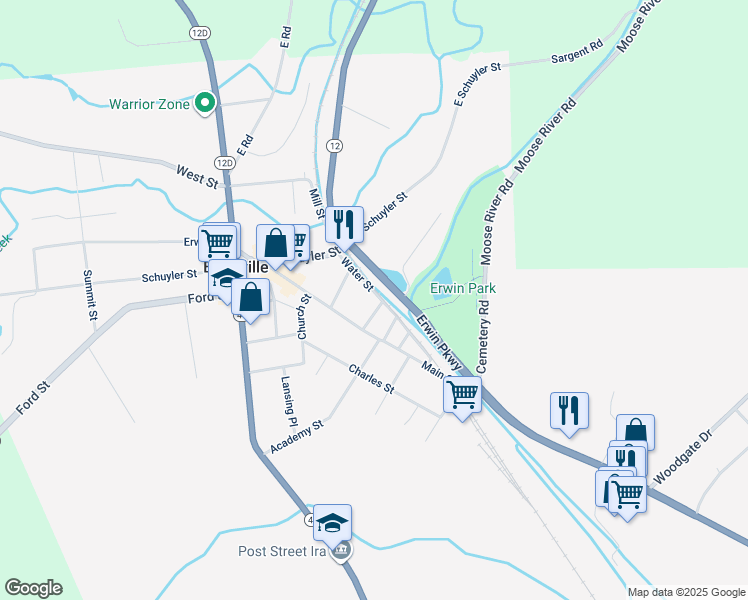 map of restaurants, bars, coffee shops, grocery stores, and more near 13410 Route 12 in Boonville