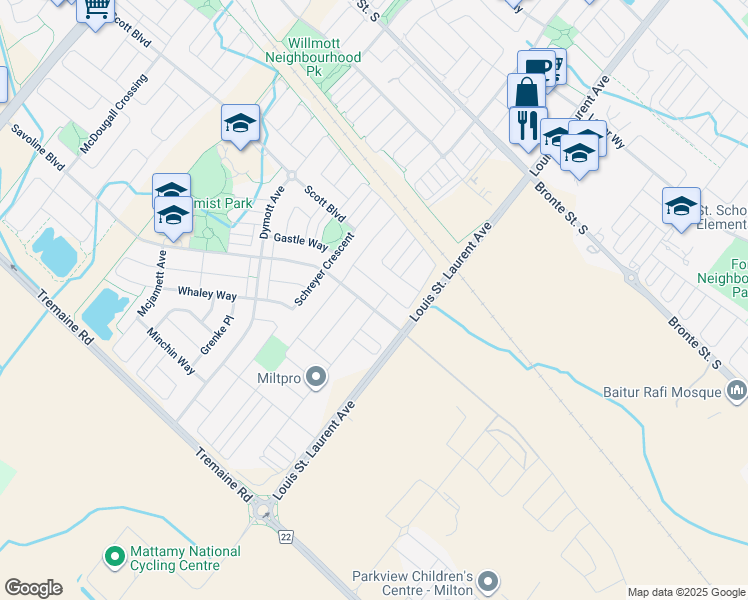 map of restaurants, bars, coffee shops, grocery stores, and more near 317 Gleave Terrace in Milton