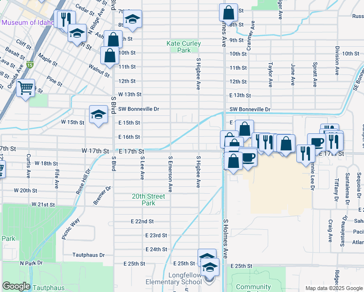 map of restaurants, bars, coffee shops, grocery stores, and more near 346 East 16th Street in Idaho Falls