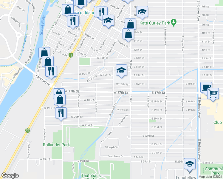 map of restaurants, bars, coffee shops, grocery stores, and more near 215 West 16th Street in Idaho Falls