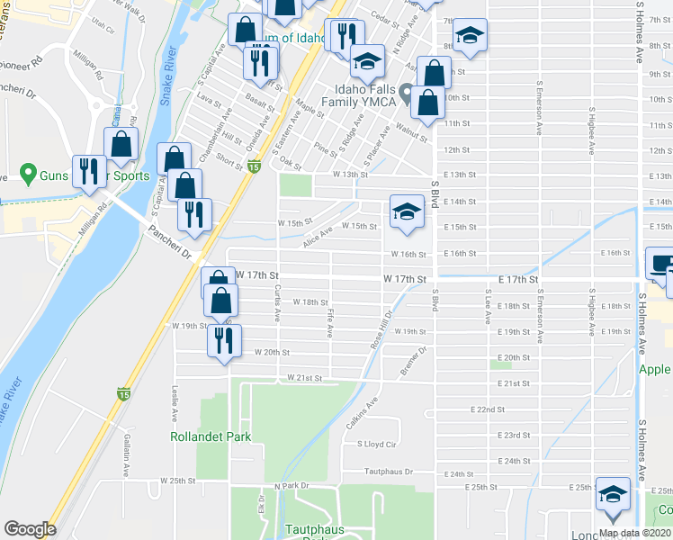 map of restaurants, bars, coffee shops, grocery stores, and more near 259 West 16th Street in Idaho Falls