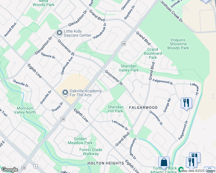 map of restaurants, bars, coffee shops, grocery stores, and more near 1550 Grosvenor Street in Oakville