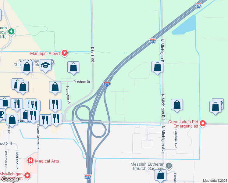 map of restaurants, bars, coffee shops, grocery stores, and more near 1868 Alcott Road in Saginaw