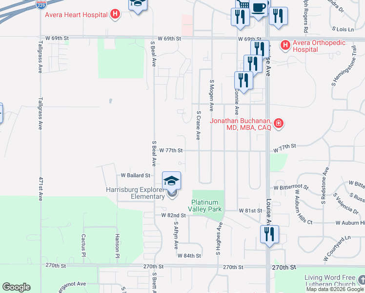 map of restaurants, bars, coffee shops, grocery stores, and more near 6809 South Crane Avenue in Sioux Falls