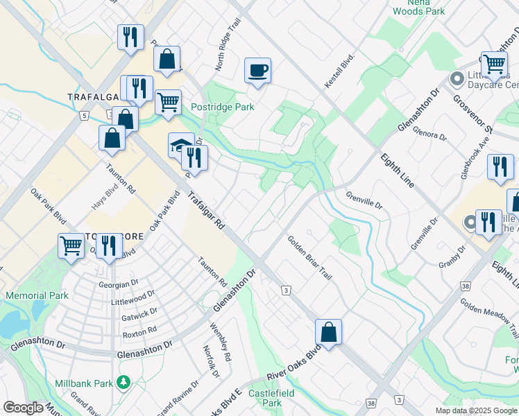 map of restaurants, bars, coffee shops, grocery stores, and more near 388 Riverstone Drive in Oakville