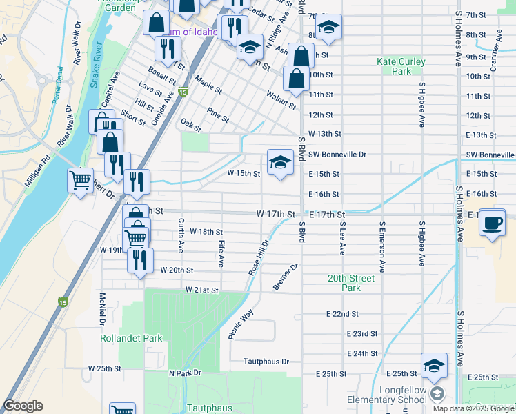 map of restaurants, bars, coffee shops, grocery stores, and more near 1680 Calkins Avenue in Idaho Falls