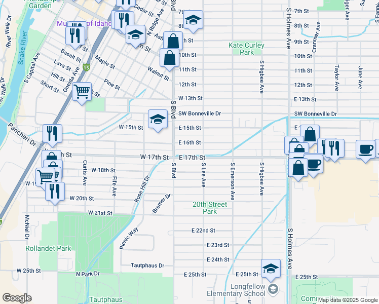 map of restaurants, bars, coffee shops, grocery stores, and more near 162 East 16th Street in Idaho Falls