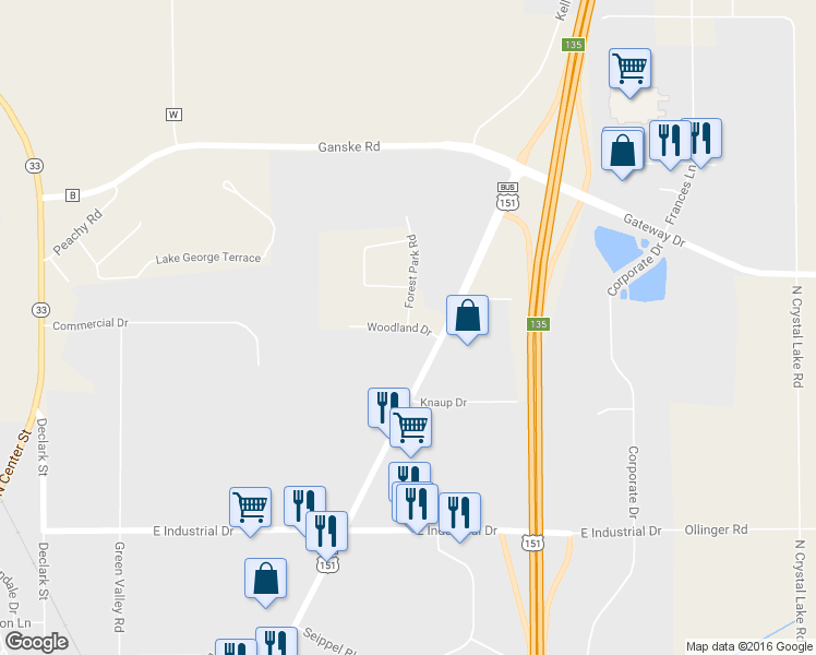 map of restaurants, bars, coffee shops, grocery stores, and more near Woodland Drive in Beaver Dam