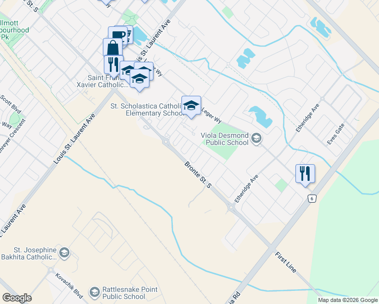 map of restaurants, bars, coffee shops, grocery stores, and more near 114 Frost Court in Milton