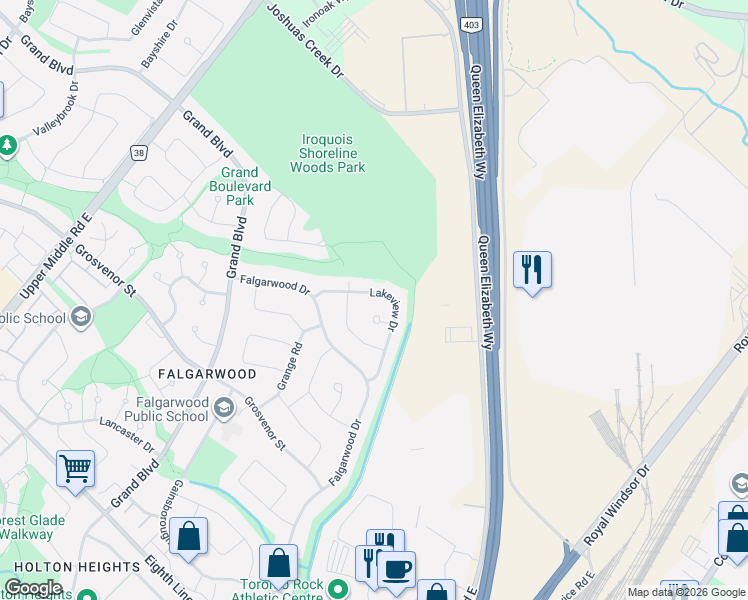 map of restaurants, bars, coffee shops, grocery stores, and more near 1276 Lakeview Drive in Oakville