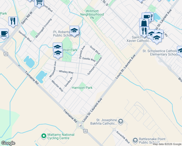 map of restaurants, bars, coffee shops, grocery stores, and more near 354 Schreyer Crescent in Milton