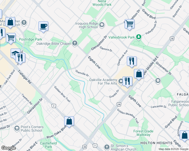 map of restaurants, bars, coffee shops, grocery stores, and more near 2146 Granby Drive in Oakville