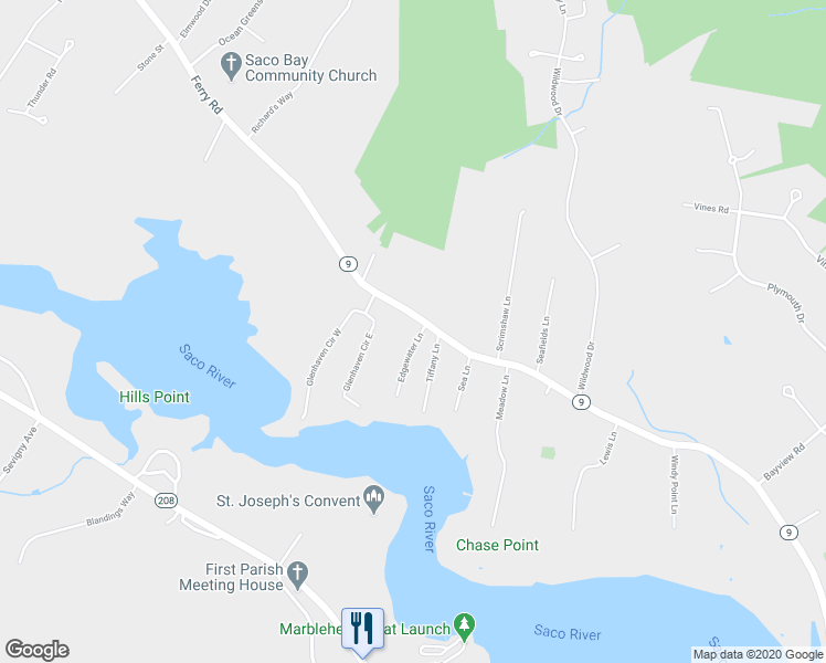 map of restaurants, bars, coffee shops, grocery stores, and more near 265 Ferry Road in Saco