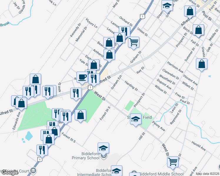 map of restaurants, bars, coffee shops, grocery stores, and more near 6 Dental Avenue in Biddeford