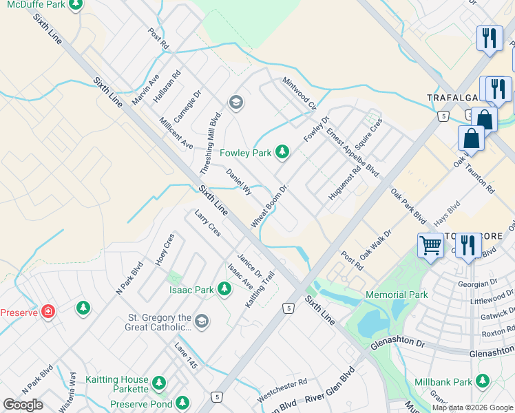 map of restaurants, bars, coffee shops, grocery stores, and more near 3116 Daniel Way in Oakville