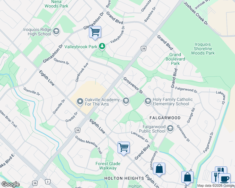 map of restaurants, bars, coffee shops, grocery stores, and more near 1556 Lancaster Drive in Oakville