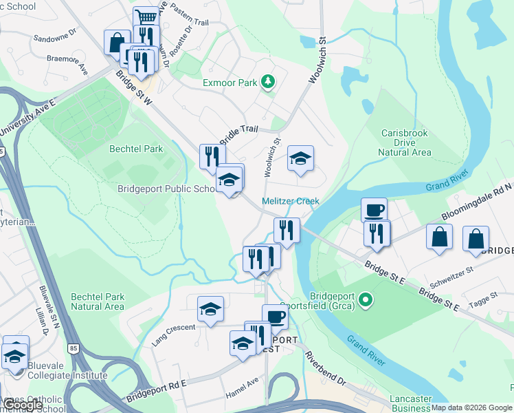 map of restaurants, bars, coffee shops, grocery stores, and more near in Kitchener