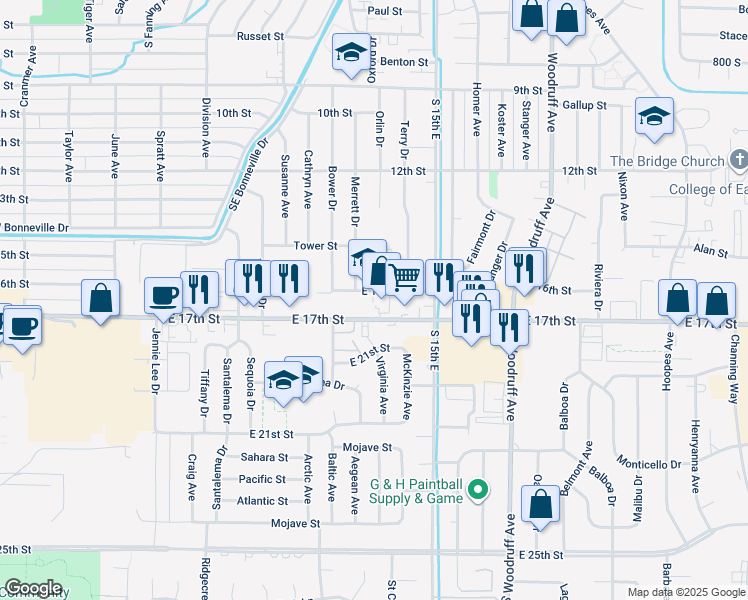 map of restaurants, bars, coffee shops, grocery stores, and more near 1385 East 16th Street in Idaho Falls