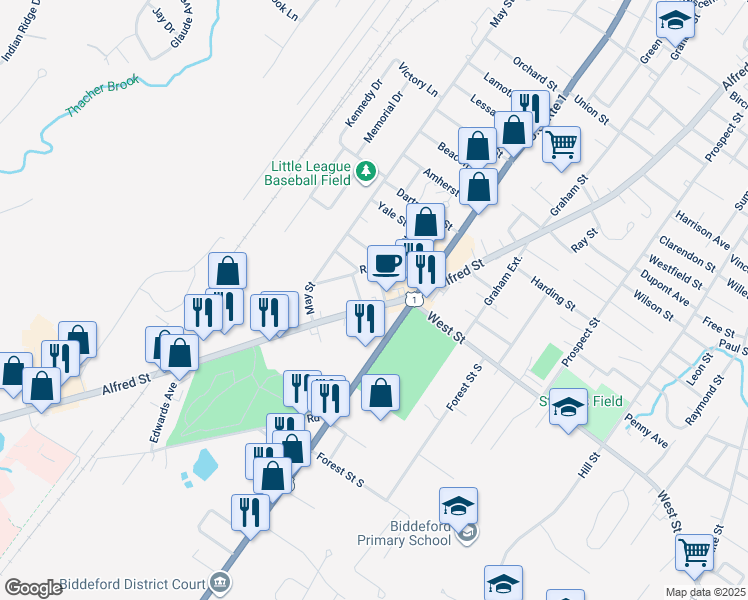 map of restaurants, bars, coffee shops, grocery stores, and more near 7 Summit Street in Biddeford