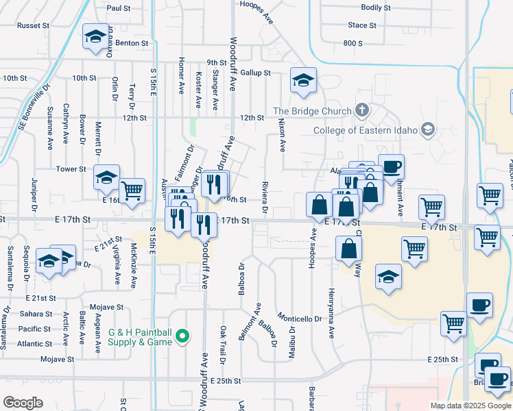 map of restaurants, bars, coffee shops, grocery stores, and more near 1818 East 16th Street in Idaho Falls
