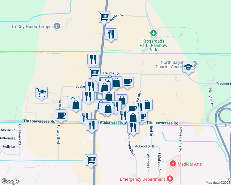 map of restaurants, bars, coffee shops, grocery stores, and more near 2860 Tittabawassee Road in Saginaw