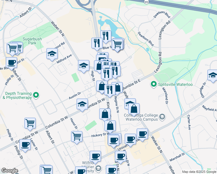 map of restaurants, bars, coffee shops, grocery stores, and more near in Waterloo