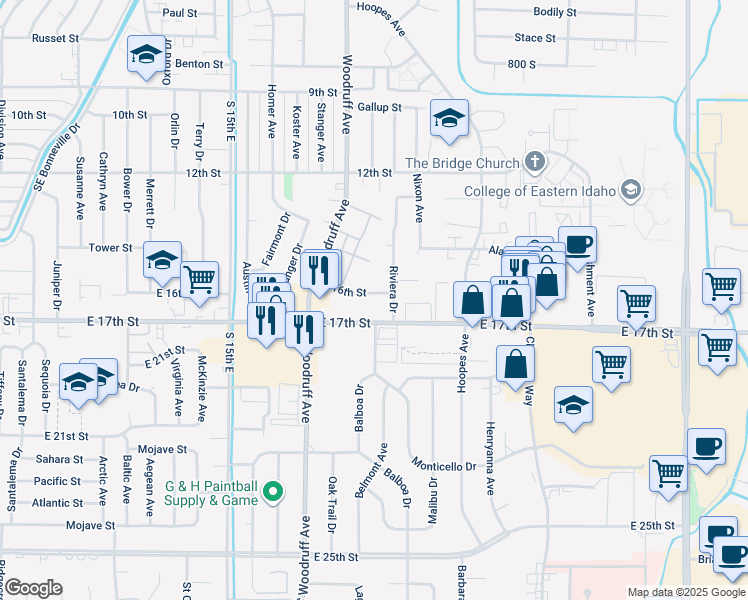 map of restaurants, bars, coffee shops, grocery stores, and more near 1808 East 16th Street in Idaho Falls