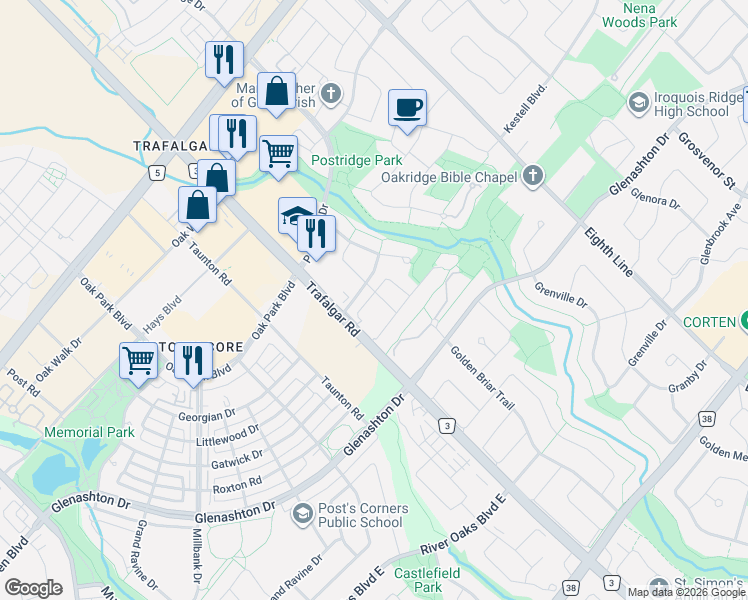 map of restaurants, bars, coffee shops, grocery stores, and more near in Oakville