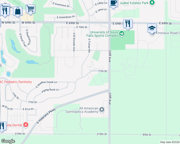 map of restaurants, bars, coffee shops, grocery stores, and more near 6900 South Santa Rosa Place in Sioux Falls