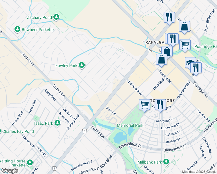 map of restaurants, bars, coffee shops, grocery stores, and more near 102 Grovewood Common in Oakville