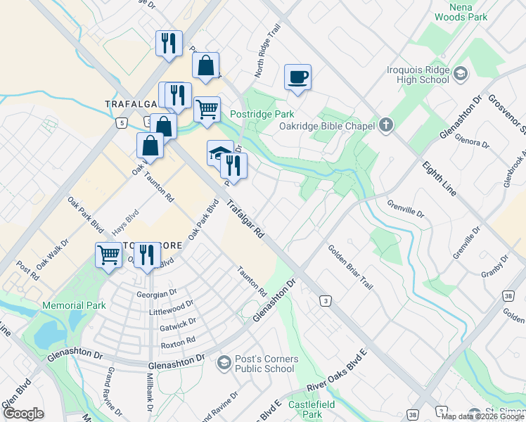map of restaurants, bars, coffee shops, grocery stores, and more near 348 Rosegate Way in Oakville