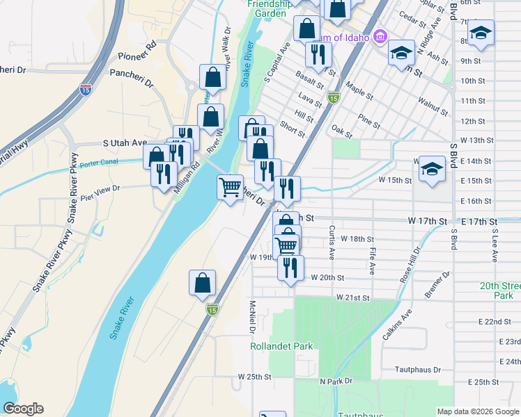 map of restaurants, bars, coffee shops, grocery stores, and more near 527 Pancheri Drive in Idaho Falls