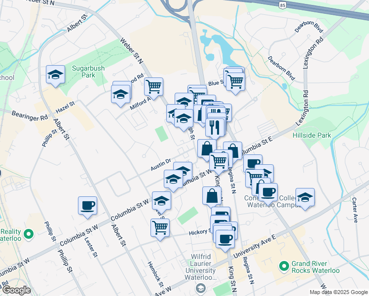 map of restaurants, bars, coffee shops, grocery stores, and more near 16 Austin Drive in Waterloo
