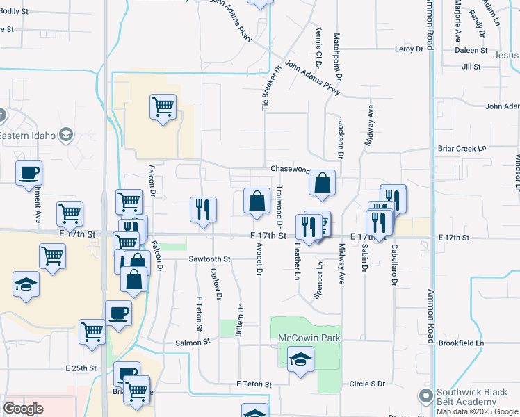 map of restaurants, bars, coffee shops, grocery stores, and more near 2890 Woodbridge Circle in Idaho Falls